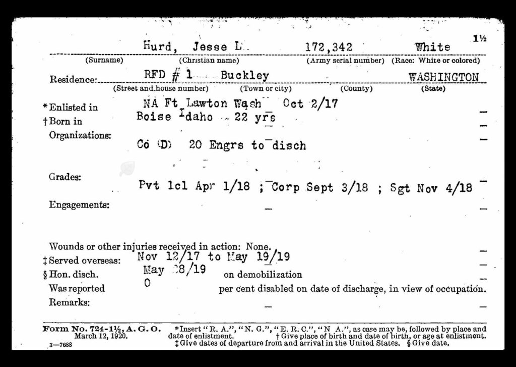 Jesse Hurd Soldier's information file card from the Washington State Archives