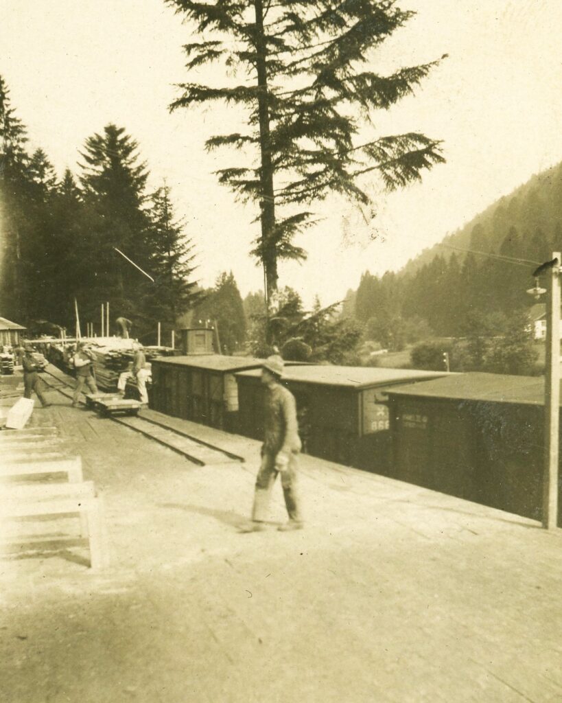 a man in US Army uniform walks near a track with railroad cars. men are moving cut lumber in the background