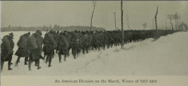 World War 1 Soldiers marching through snow in France